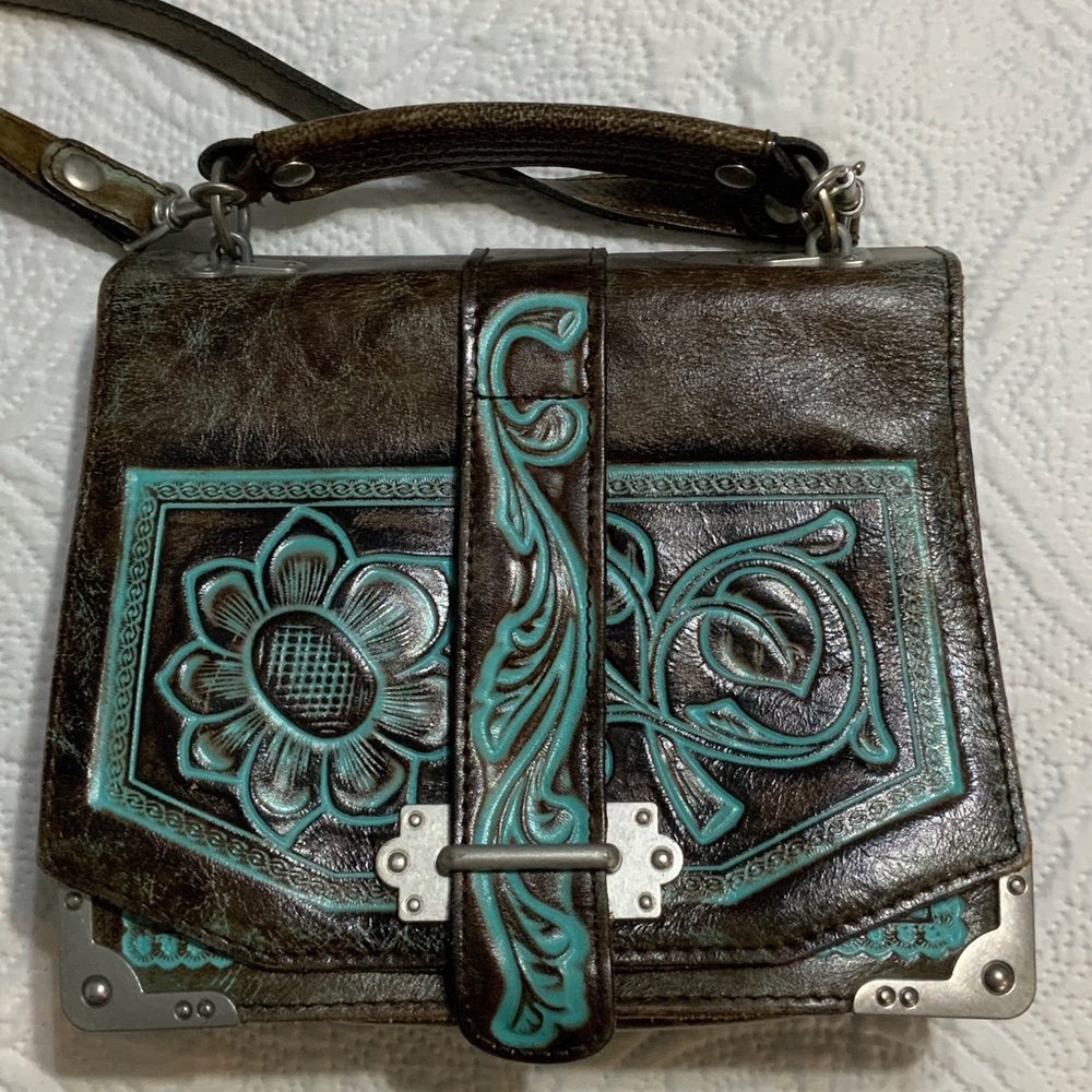 Patricia Nash Brown and Teal Floral Crossbody Bag